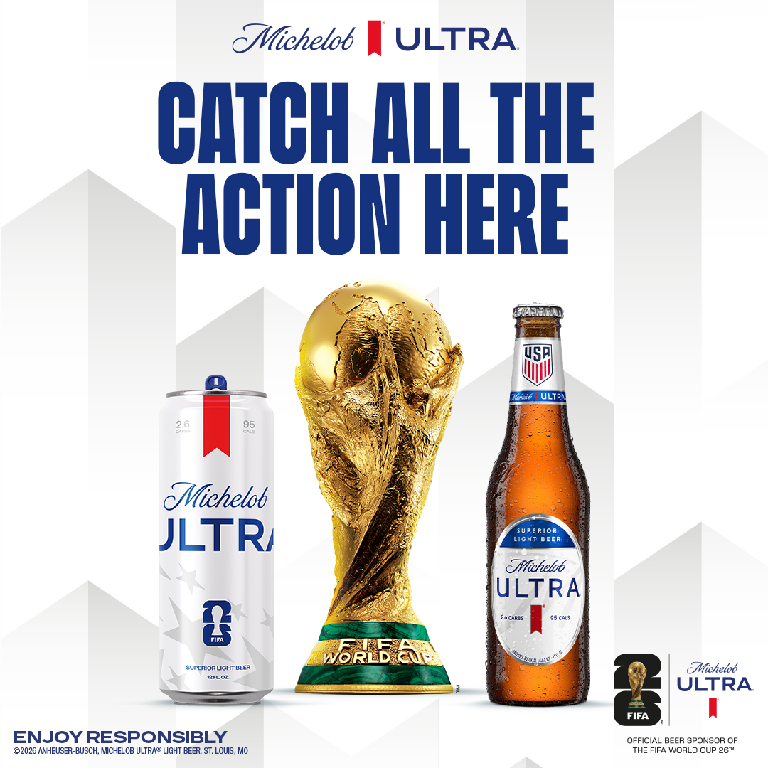 Michelob ULTRA can, bottle, and the FIFA World Cup 26™ trophy. Official Beer Sponsor of the FIFA World Cup 26™.